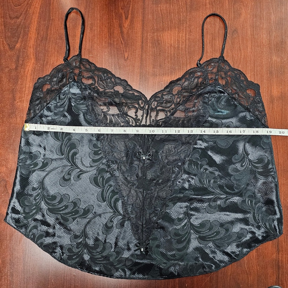 Vintage 90s Shirley of Hollywood Cami L Black Lace Bow Pearl Coquette Whimsigoth - Picture 7 of 11